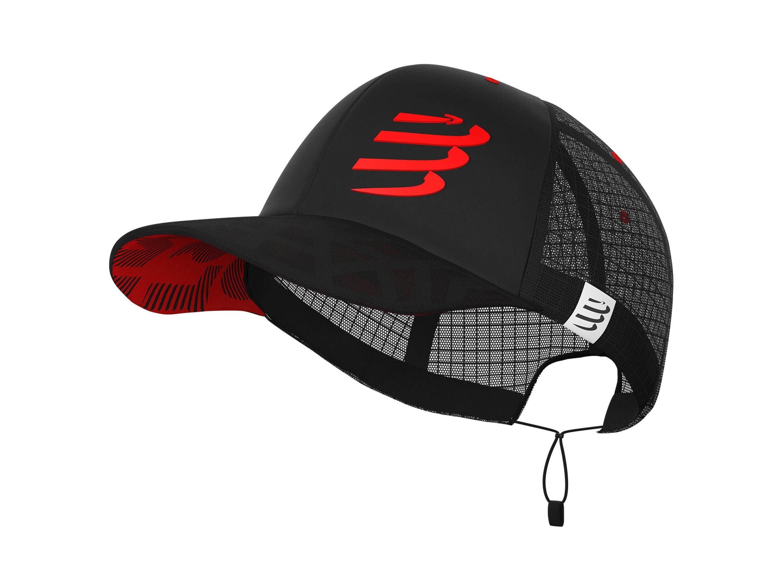 Racing Trucker Cap by Compressport in black with red logo, lightweight breathable mesh, stylish and high-performance for racing and running