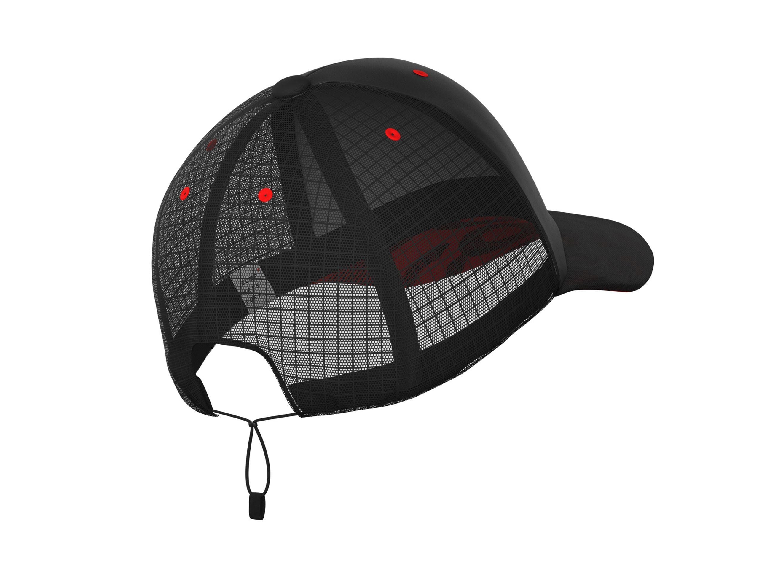 Racing Trucker Cap by Compressport in black with red accents, breathable mesh back, lightweight and stylish for fast racing and outdoor use