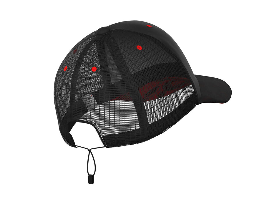 Racing Trucker Cap by Compressport in black with red accents, breathable mesh back, lightweight and stylish for fast racing and outdoor use