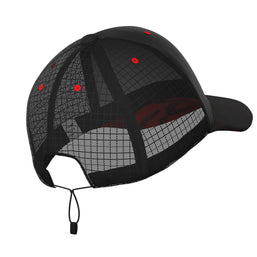 Racing Trucker Cap by Compressport in black with red accents, breathable mesh back, lightweight and stylish for fast racing and outdoor use