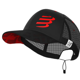 Racing Trucker Cap by Compressport in black with red logo, lightweight breathable mesh, stylish and high-performance for racing and running