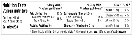 OSnack Chocolate Espresso by Hornby Organic nutrition facts label showing calories, fat, protein, carbs, and sodium per bar, Canada-made nutritious snack