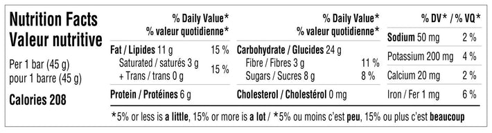 OSnack Chocolate Espresso by Hornby Organic nutrition facts label showing calories, fat, protein, carbs, and sodium per bar, Canada-made nutritious snack