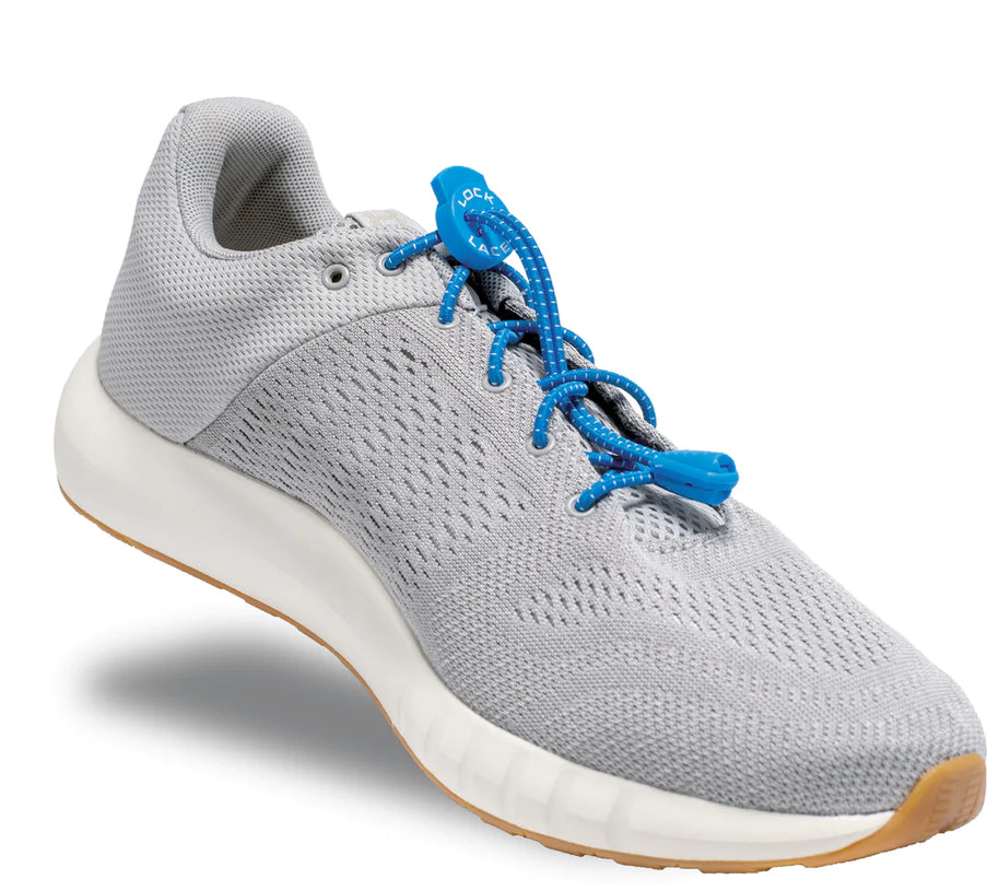 Lock Laces - No Tie Shoelaces in blue on grey shoe with double eyelet lock for easy installation and secure fit, ideal for running and active wear