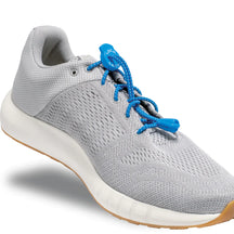 Lock Laces - No Tie Shoelaces in blue on grey shoe with double eyelet lock for easy installation and secure fit, ideal for running and active wear