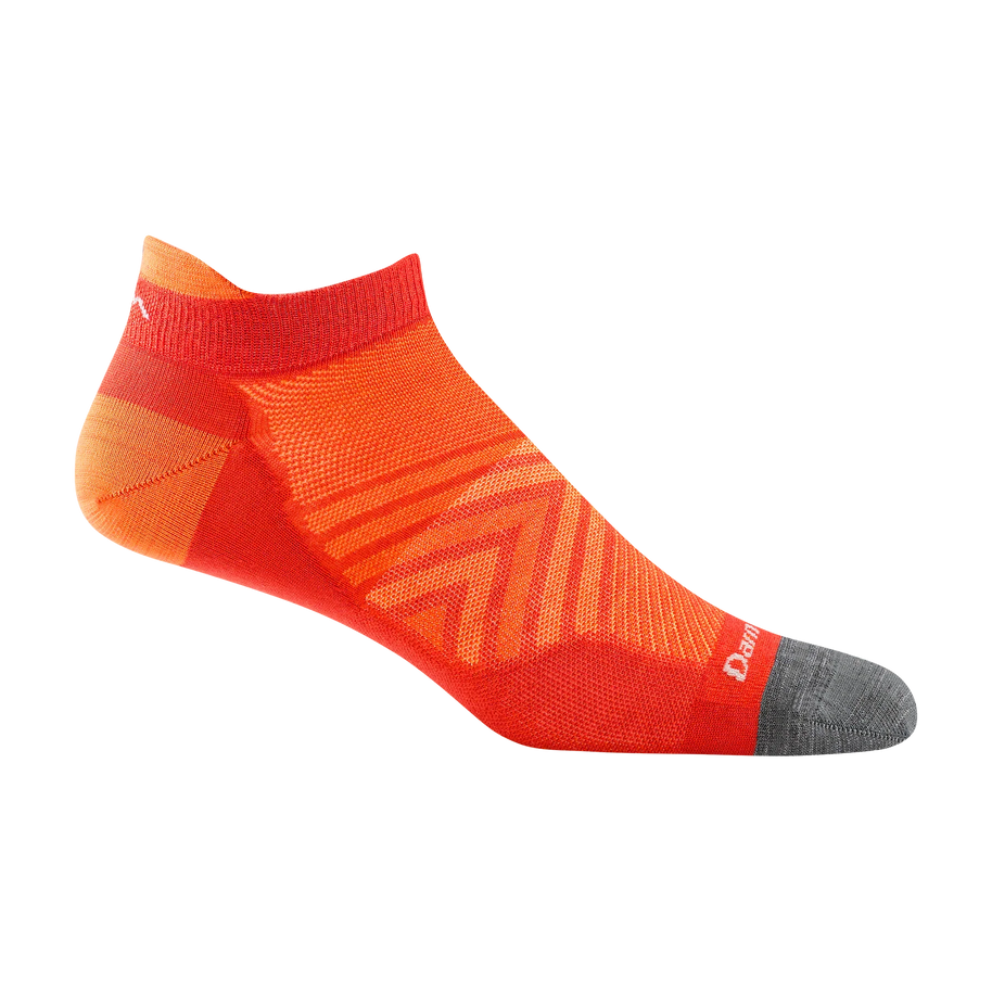 Run No Show Tab Ultra-Lightweight Running Sock - Men by Darn Tough in bright orange with grey toe, silky cuff and support for chafe-free running