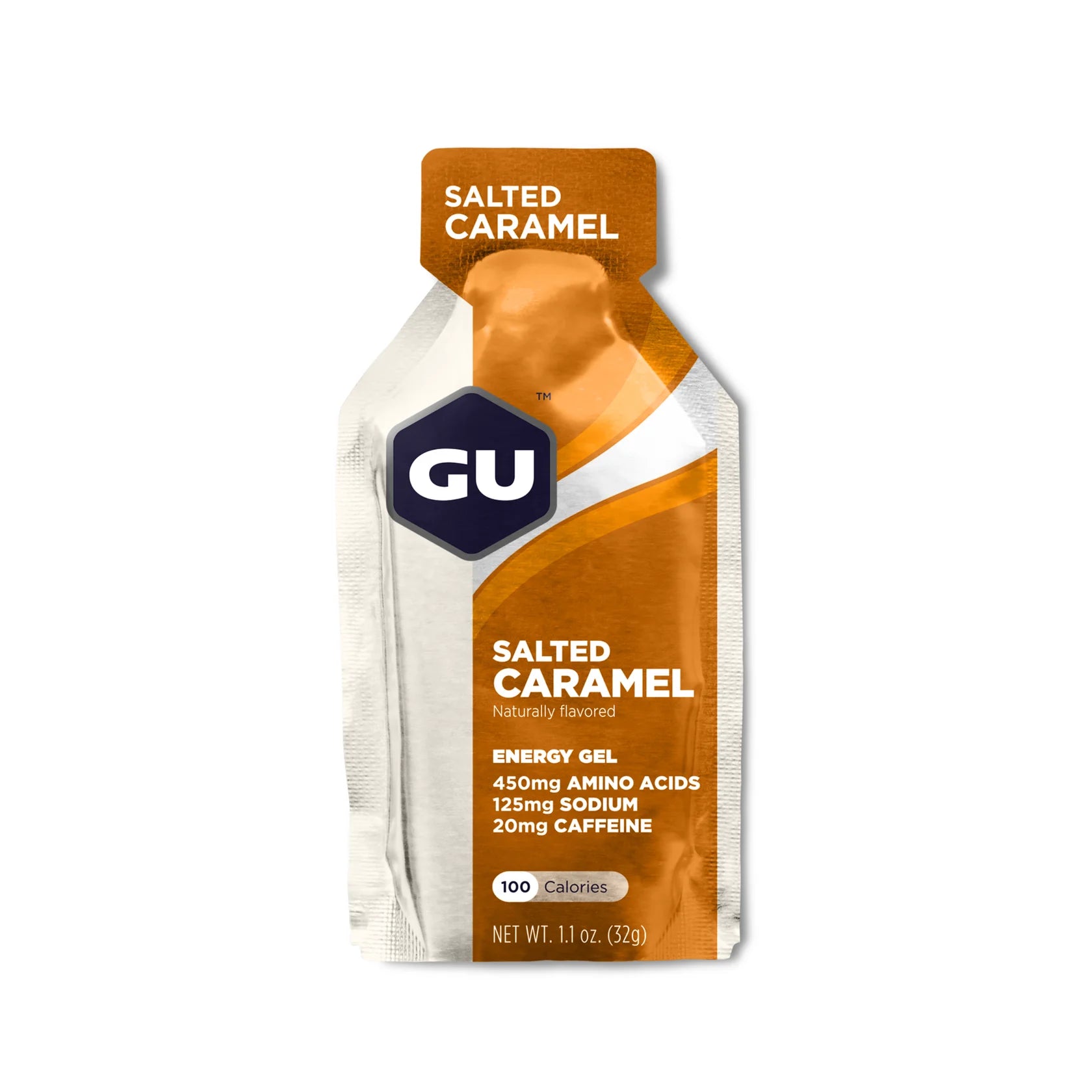 Original Energy Gel Salted Caramel by GU Energy in brown and white, quick energy gel with amino acids, sodium, and caffeine for running