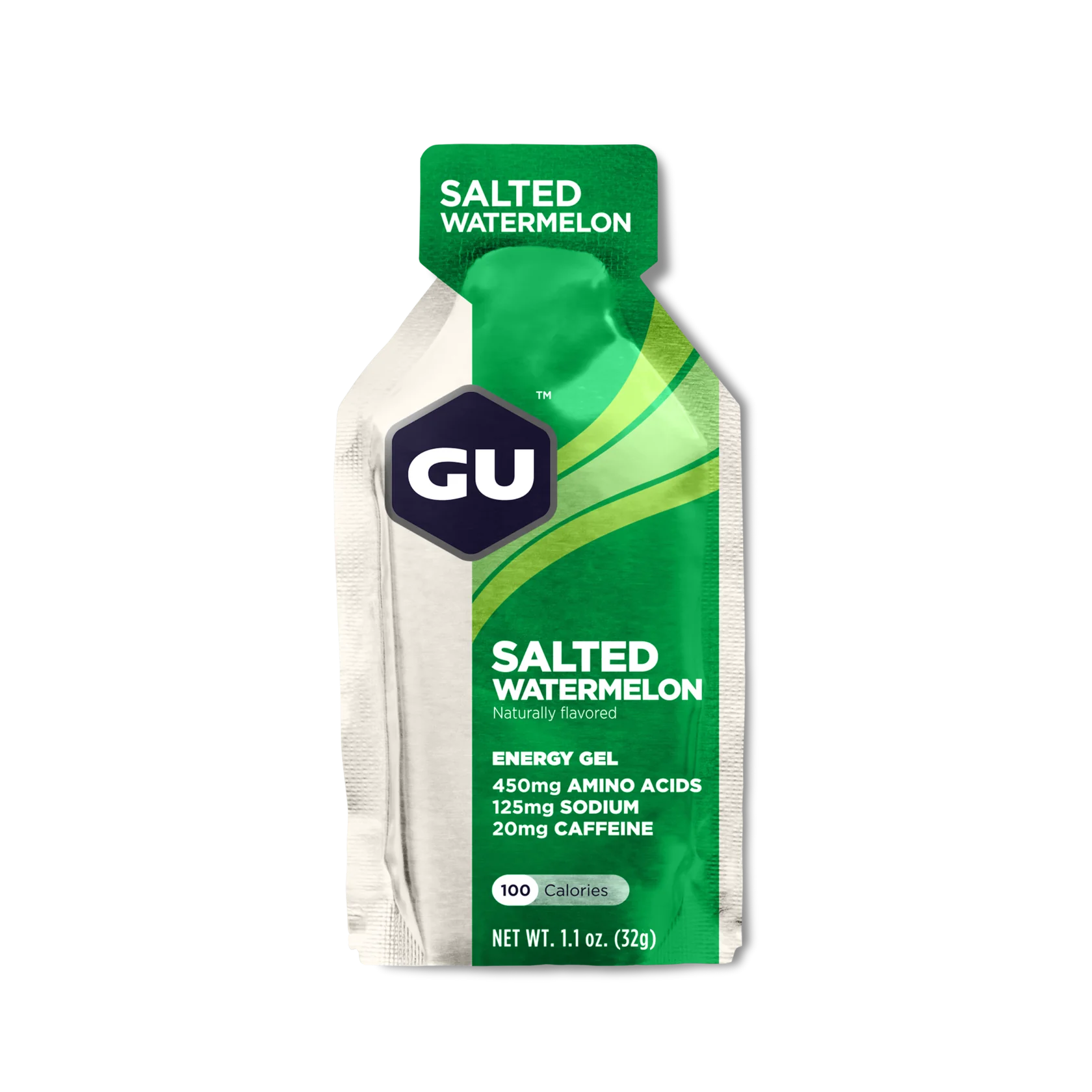 Original Energy Gel Salted Watermelon by GU Energy in green and white, quick, sustained energy gel with amino acids and caffeine for running and outdoor activity