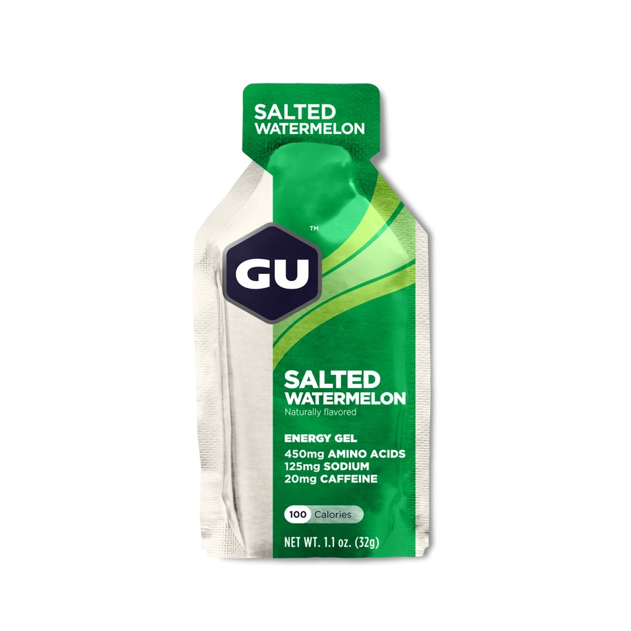 Original Energy Gel Salted Watermelon by GU Energy in green and white, quick, sustained energy gel with amino acids and caffeine for running and outdoor activity