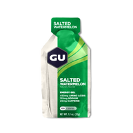 Original Energy Gel Salted Watermelon by GU Energy in green and white, quick, sustained energy gel with amino acids and caffeine for running and outdoor activity