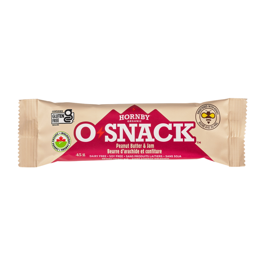 OSnack Peanut Butter & Jam by Hornby Organic in beige and red, organic snack bar with peanut butter and zippy raspberry, gluten-free and Canada-made
