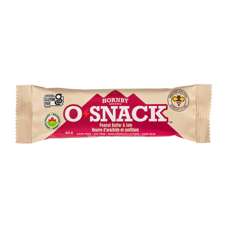 OSnack Peanut Butter & Jam by Hornby Organic in beige and red, organic snack bar with peanut butter and zippy raspberry, gluten-free and Canada-made