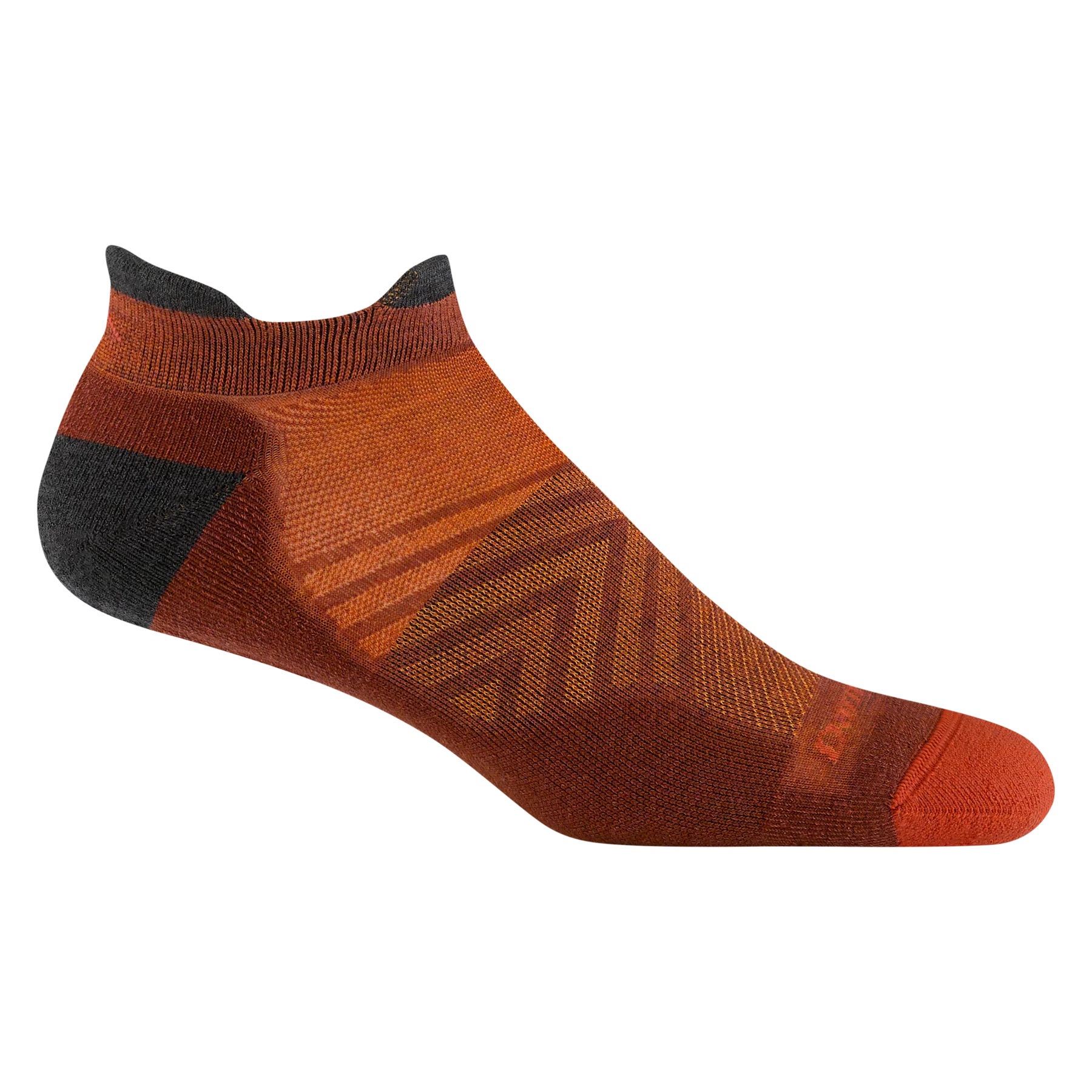 Run No Show Tab Ultra-Lightweight Running Sock - Men by Darn Tough in burnt orange and black with silky cuff and flex zones for running comfort