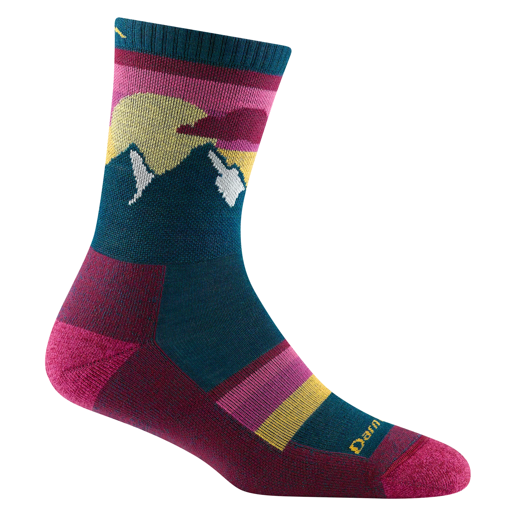 Sunset Ledge Micro Crew Lightweight w/Cushion Hiking Sock - Women by Darn Tough in burgundy and teal, lightweight and cushioned for summer to fall hiking