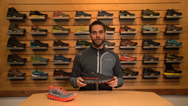 Helios III - Men by La Sportiva in grey and orange ultralight cushioned trail shoe with padded tongue and ankle support for trail running