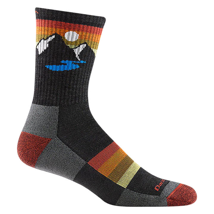 Sunset Ridge Micro Crew Lightweight w/Cushion Hiking Sock - Men by Darn Tough in black with mountain design, merino wool, lightweight with cushioning for heavy mileage hiking