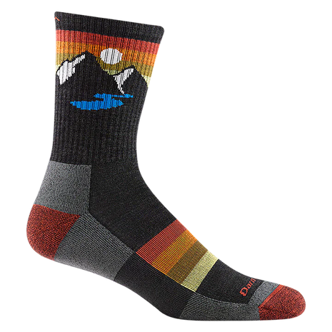 Sunset Ridge Micro Crew Lightweight w/Cushion Hiking Sock - Men by Darn Tough in black with mountain design, merino wool, lightweight with cushioning for heavy mileage hiking