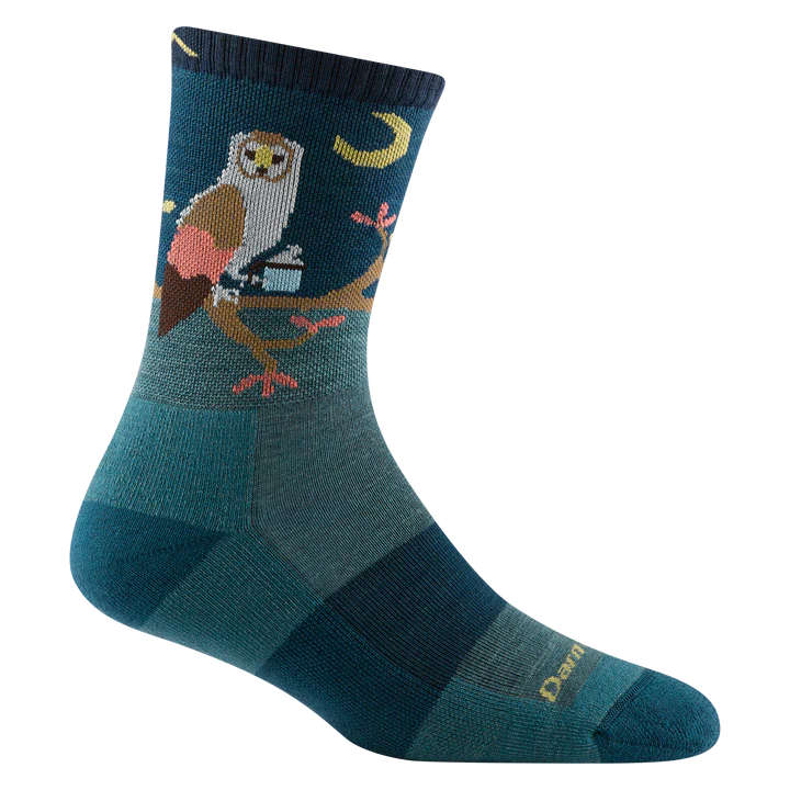 Critter Club Micro Crew Lightweight w/ Cushion Hiking Sock - Women by Darn Tough in teal with owl design, cushioned for comfort on light hikes