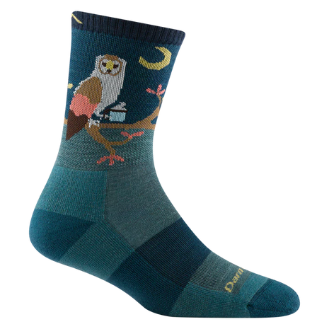 Critter Club Micro Crew Lightweight w/ Cushion Hiking Sock - Women by Darn Tough in teal with owl design, cushioned for comfort on light hikes